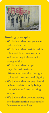 ￼

Guiding principles
We believe that everyone can make a differenceWe believe that positive adult role models are an excellent and necessary influences for young adultsWe believe that people, regardless of intrinsic differences have the the right to live with respect and dignityWe believe that no one should be harassed for simply being themselves and not harming anyone.We believe that by eliminating the discrimination that people face we can save lives.



